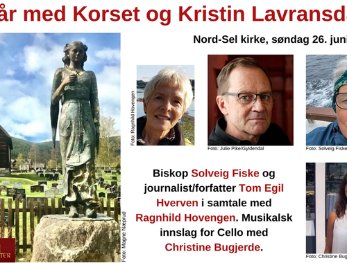 På bildet: fotografi av Nord-Sel kirke og Kristin Lavransdatter statuen. Portrett av Ragnhidl Hovengen, Tom Egil HVerven, Solveig Fiske og Christine Bugjerde