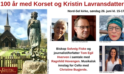 På bildet: fotografi av Nord-Sel kirke og Kristin Lavransdatter statuen. Portrett av Ragnhidl Hovengen, Tom Egil HVerven, Solveig Fiske og Christine Bugjerde